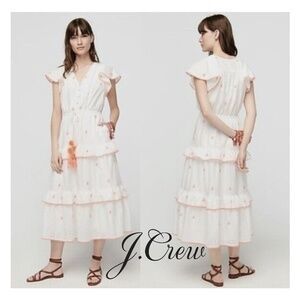 J.Crew NWT White Cotton Embroidered Midi Tiered Flutter Short Sleeve Dress Sz 8